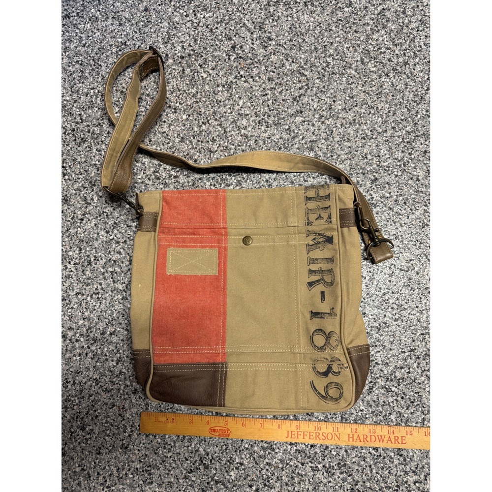 Myra Bag Upcycled Canvas Leather Crossbody Messenger Bag Tan Rust HEMR-1889